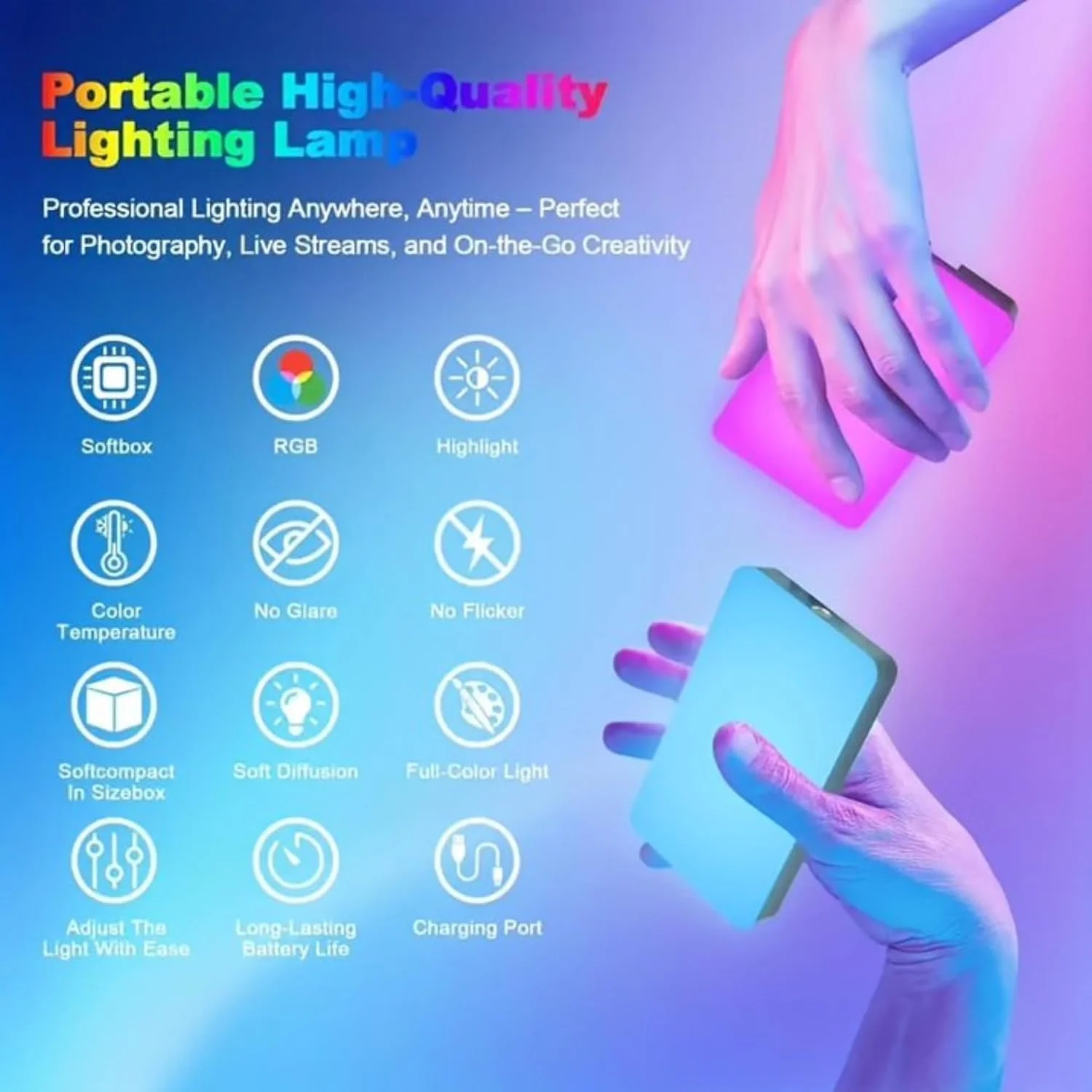 نور ویدئویی LED RGB، نور پرکننده عکاسی قابل شارژ RGB 2500K-8500K با قابلیت تنظیم نور، 20 جلوه نوری، آداپتور کفشک سرد برای پخش زنده ویدئویی Vlog، عمر باتری طولانی، مناسب برای تلفن و دوربین