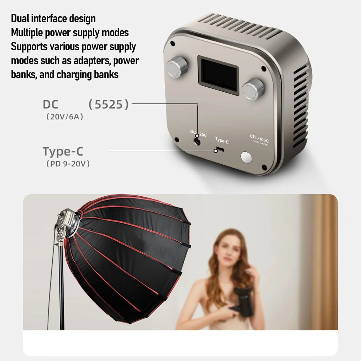 نور ویدئویی RGB با کنترل از طریق اپلیکیشن، 100 وات، صفحه نمایش LCD، عملکرد بی صدا برای عکاسی، لامپ پرکننده ویدئویی قابل حمل