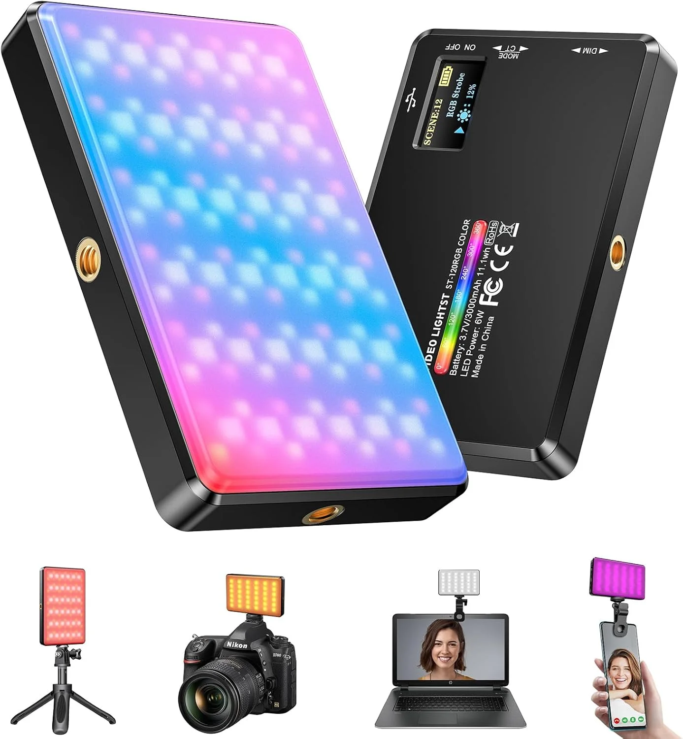 نور ویدئویی RGB، نور سلفی Starbea برای گوشی با گیره و سه پایه، 360 درجه تمام رنگی، 20 جلوه نوری، 2500K-9000K، 95+CRI، نورپردازی عکاسی برای پخش زنده/مهمانی/یوتیوب/تیک تاک/ضبط ویدئو