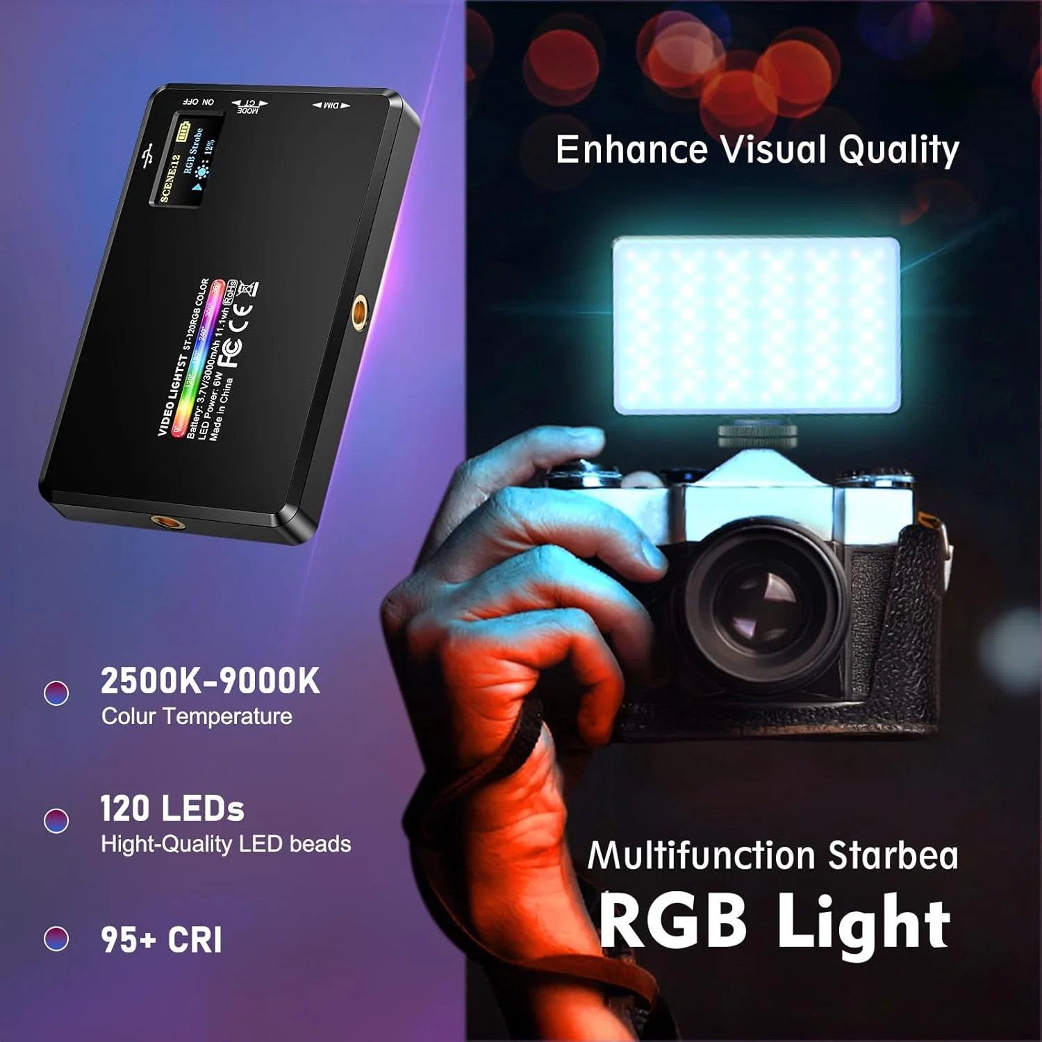 نور ویدئویی RGB، نور سلفی Starbea برای گوشی با گیره و سه پایه، 360 درجه تمام رنگی، 20 جلوه نوری، 2500K-9000K، 95+CRI، نورپردازی عکاسی برای پخش زنده/مهمانی/یوتیوب/تیک تاک/ضبط ویدئو