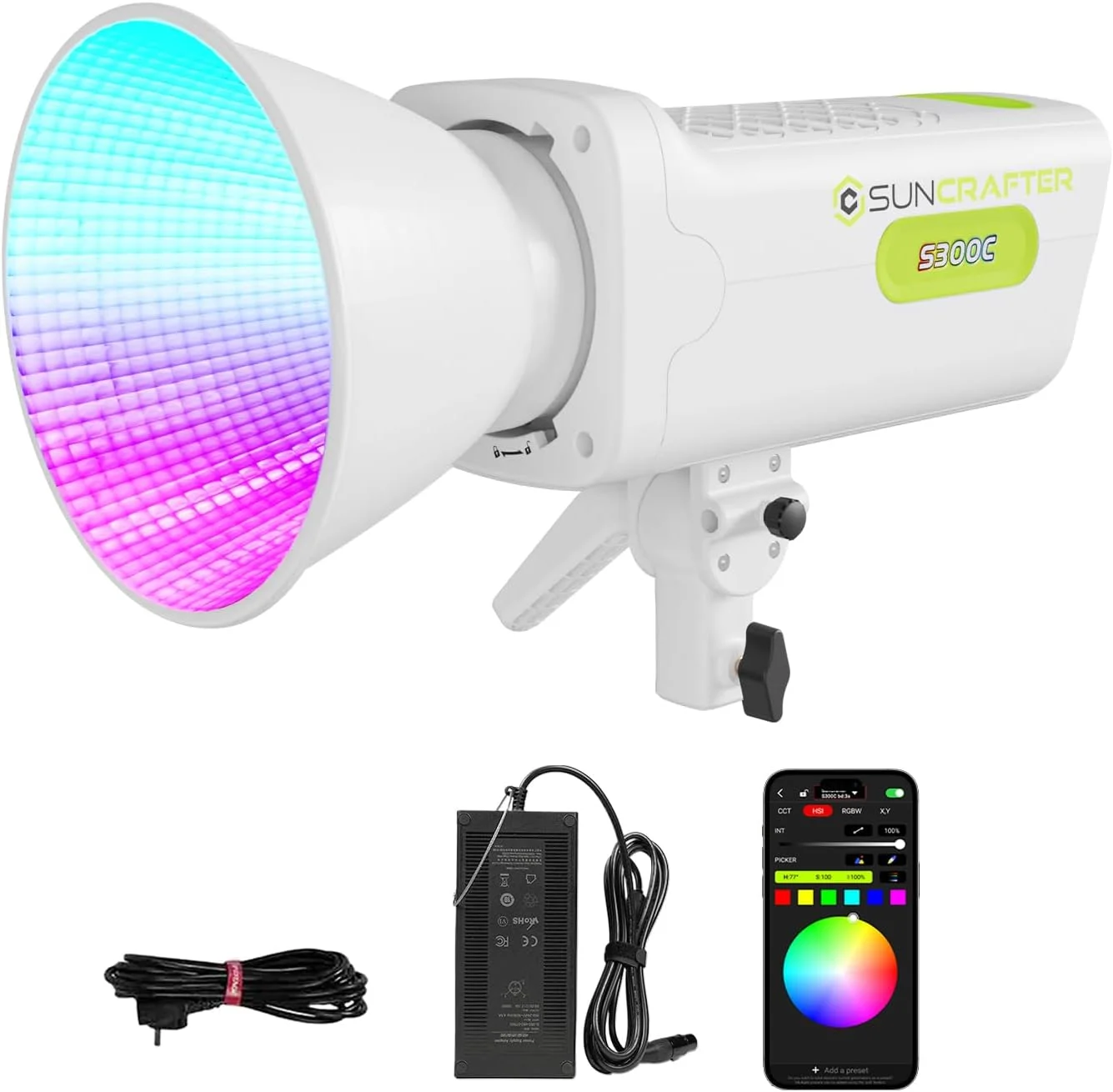 نور ویدئویی ال ای دی 300C 300W RGB+ACL، CCT فوق‌العاده گسترده 1,400K-20,000K، 30,900lux@1m، CRI97+/TLCI97، طیف دقیق 6 رنگ و کنترل از طریق اپلیکیشن، مانت Bowens برای عکاسی/فیلمبرداری/استریم