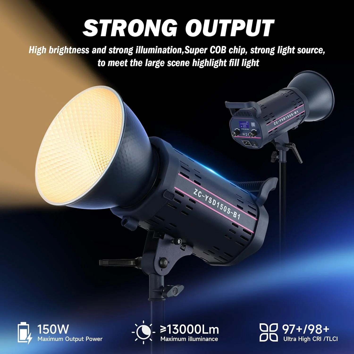 نور ویدئویی ال ای دی 150 واتی COB دو رنگ با کنترل 2.4G و APP، 2700K-6500K، ≥13000LM، CRI≥97، نورپردازی خروجی مداوم عکاسی با 12 صحنه، نور استودیویی با پشتیبانی از دو منبع تغذیه