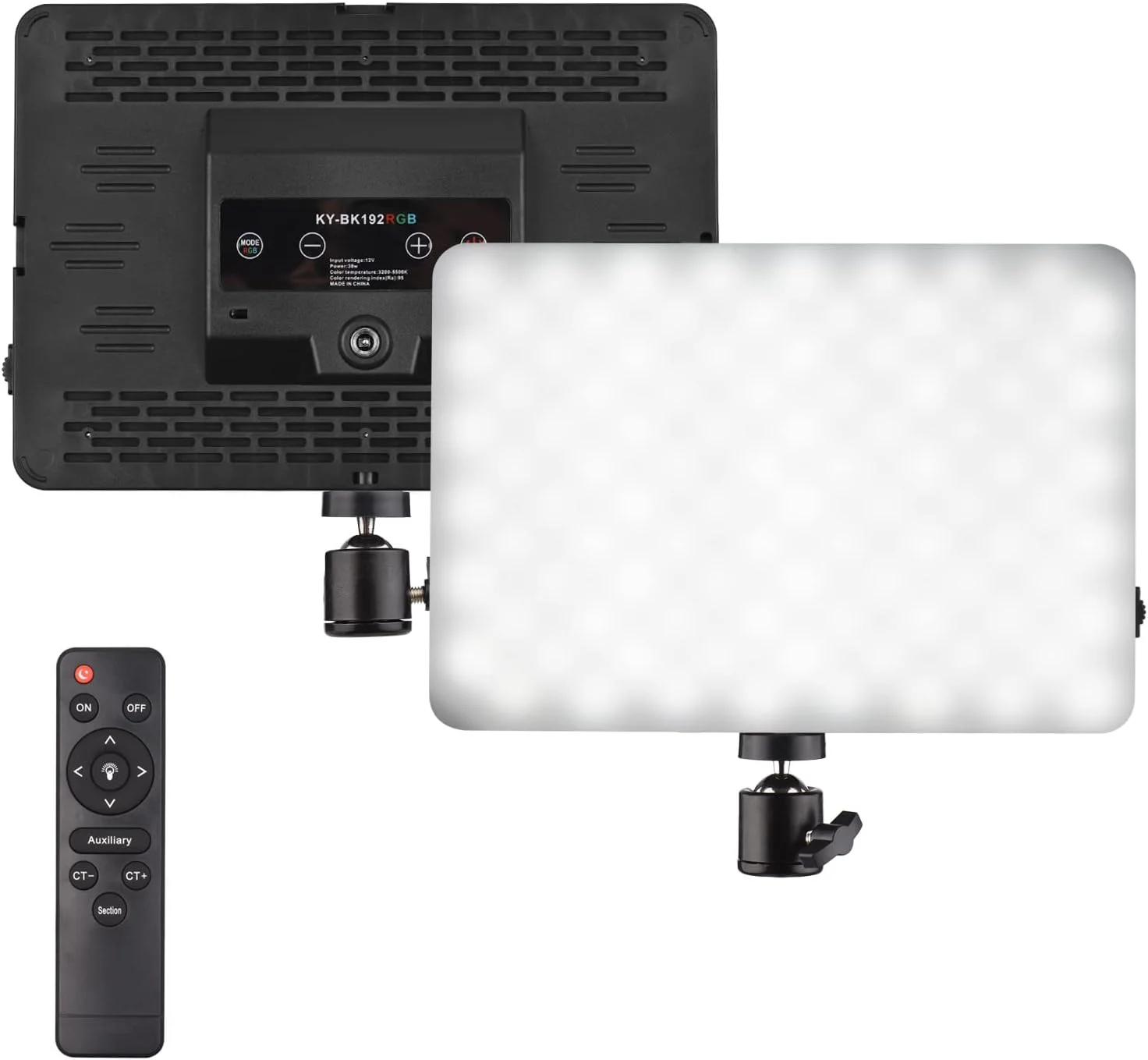 نور ویدئویی RGB وات 38 با پایه گیره C، دمای رنگ دوگانه 3200 تا 5500 کلوین، روشنایی قابل تنظیم، CRI 95، سر توپی، کنترل از راه دور برای بازی، کنفرانس، پخش زنده