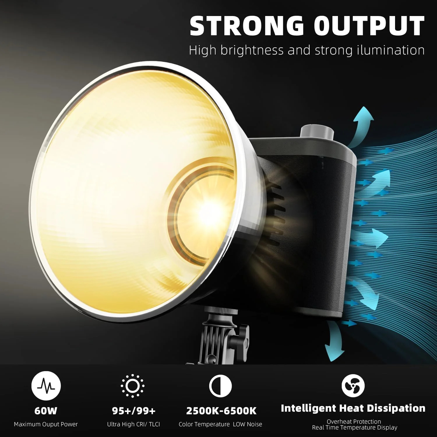 نور استودیویی ال ای دی قابل حمل 60 وات با 10 حالت نوری و مانت بوئنز، نورپردازی COB با دمای رنگی دوگانه فلزی و خروجی پیوسته، نورافکن دستی 2500K-6500K برای عکاسی/فیلمبرداری