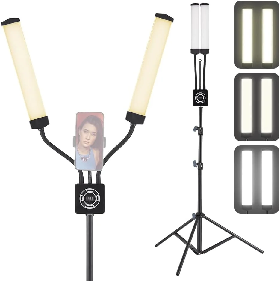 نور پرکننده دو بازویی 40 واتی، نور زیبایی سه رنگ، طراحی لوله خرطومی قابل چرخش چند زاویه، 196 عدد مهره، دمای رنگ 3200K-5600K قابل تنظیم پیوسته با گیره تلفن، پایه و کنترل از راه دور YUNNSTORE