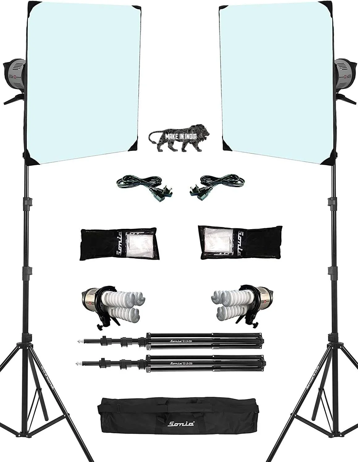 کیت نورپردازی مداوم سه مرحله ای Sonia Trilite برای فیلمبرداری ویدیوهای یوتیوب و عکاسی رومیزی: 2 عدد Trilite؛ 6 عدد لامپ CFL 32 واتی؛ 2 عدد پایه نور؛ 2 عدد سافت باکس با دیفیوزر دوبل؛ 2 عدد سیم برق؛ 1 عدد کیف پایه
