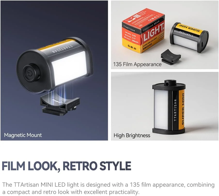 چراغ ال ای دی مغناطیسی TTARTISAN، چراغ کوچک ال ای دی قابل شارژ دوربین 3000K/4500K/6000K CRI95+ برای عکاسی، فوق العاده کوچک، پایه مغناطیسی با تنظیم 0-180 درجه، دارای سوراخ بند