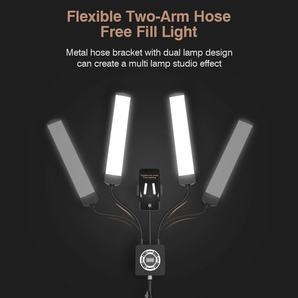 نور پرکننده دو بازویی 40 واتی، نور زیبایی سه رنگ، طراحی لوله خرطومی قابل چرخش چند زاویه، 196 عدد مهره، دمای رنگ 3200K-5600K قابل تنظیم پیوسته با گیره تلفن، پایه و کنترل از راه دور YUNNSTORE