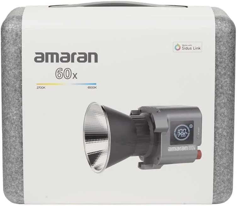 نور ویدئویی ال ای دی دو رنگ فوق فشرده Aputure Amaran COB 60x، خروجی دو رنگ 65 واتی، ال ای دی نقطه ای Bowens Mount، 37,775 لوکس در 1 متر، CCT 2700K – 6500K