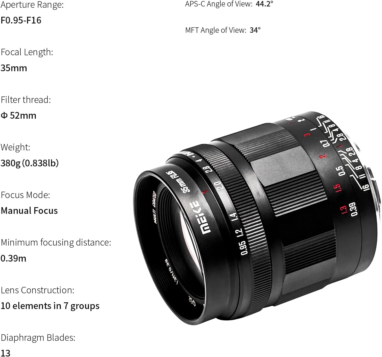 لنز زاویه باز 35 میلی‌متری Meike با دیافراگم بزرگ f0.95 APS-C و فوکوس دستی برای دوربین‌های بدون آینه Nikon با مانت Z مدل Z50 و سازگار با Z5 Z6 Z7 در حالت APS-C