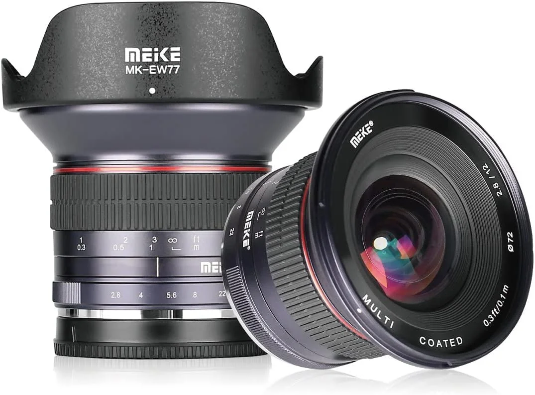 لنز ثابت زاویه باز فوق العاده Meike 12mm f/2.8 با هود جداشدنی برای دوربین های بدون آینه فوجی فیلم با APS-C