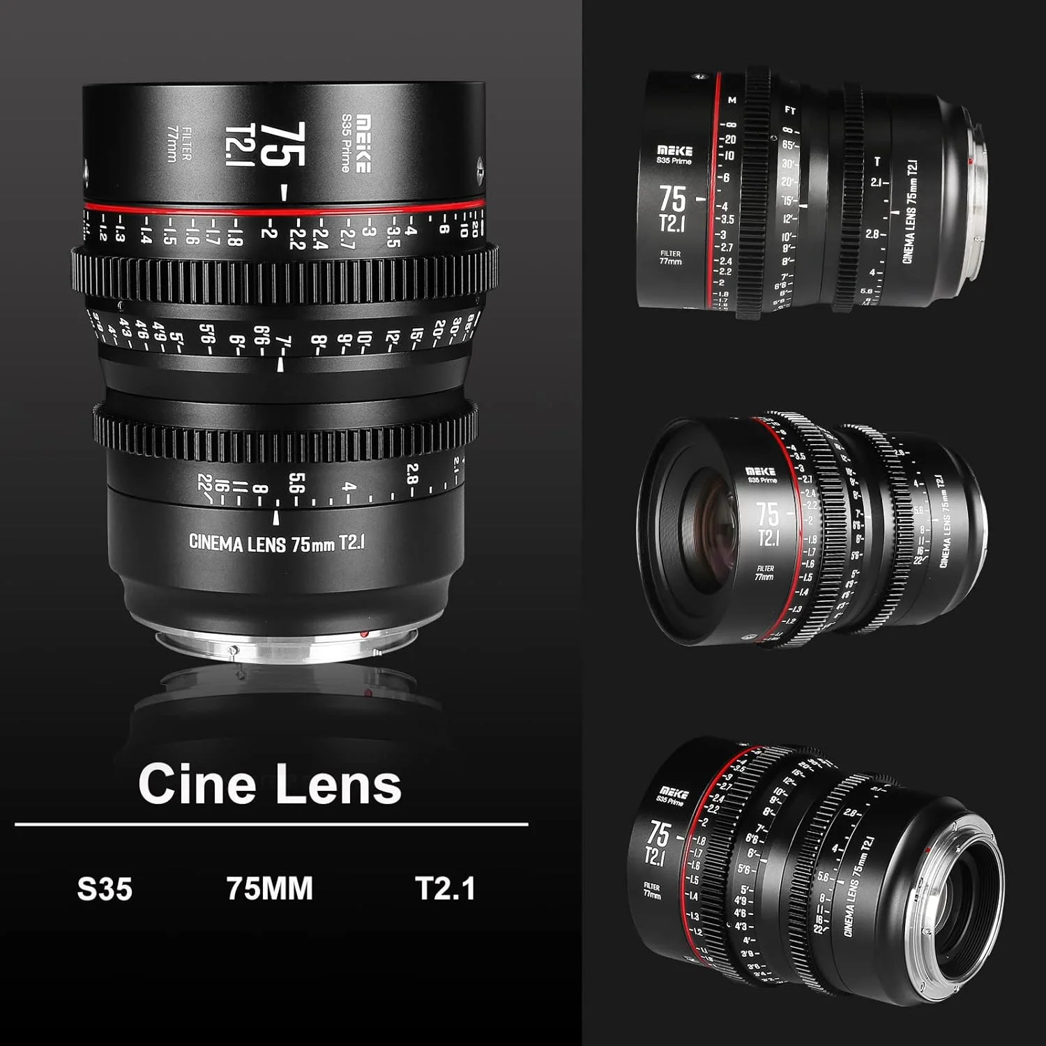 لنز سینمایی پرایم 75mm T2.1 S35 با زاویه دید باز و فوکوس دستی Meike برای مانت Canon EF