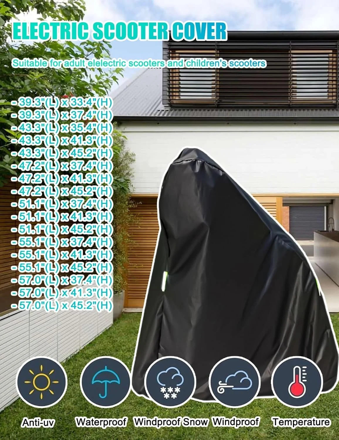 روکش اسکوتر برقی، روکش جهانی اسکوتر، ضد آب، ضد آفتاب، ضد پارگی، بازتابنده نور در شب، دارای سوراخ قفل و کیف نگهداری برای اسکوتر تاشو با صندلی یا بدون صندلی (بدون صندلی، 57 اینچ (طول) در 45 اینچ (ارتفاع))