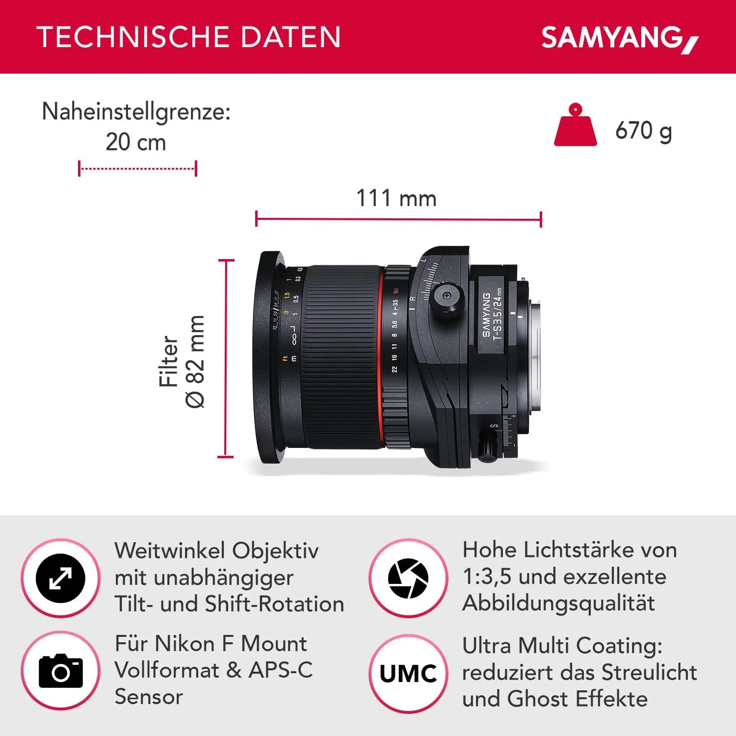 لنز تیلت شیفت زاویه باز تکی 24mm F3.5 SAMYANG برای نیکون AE، سازگار با سایز کامل