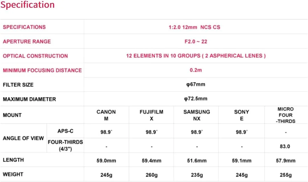 لنز زاویه باز فوق العاده 12mm F2.0 Samyang Sy12M-Fx-Bk برای دوربین های Fujifilm X-Mount، مشکی لنز زاویه باز فوق العاده 12mm F2.0 Samyang Sy12M-Fx-Bk برای دوربین های Fujifilm X-Mount، مشکی