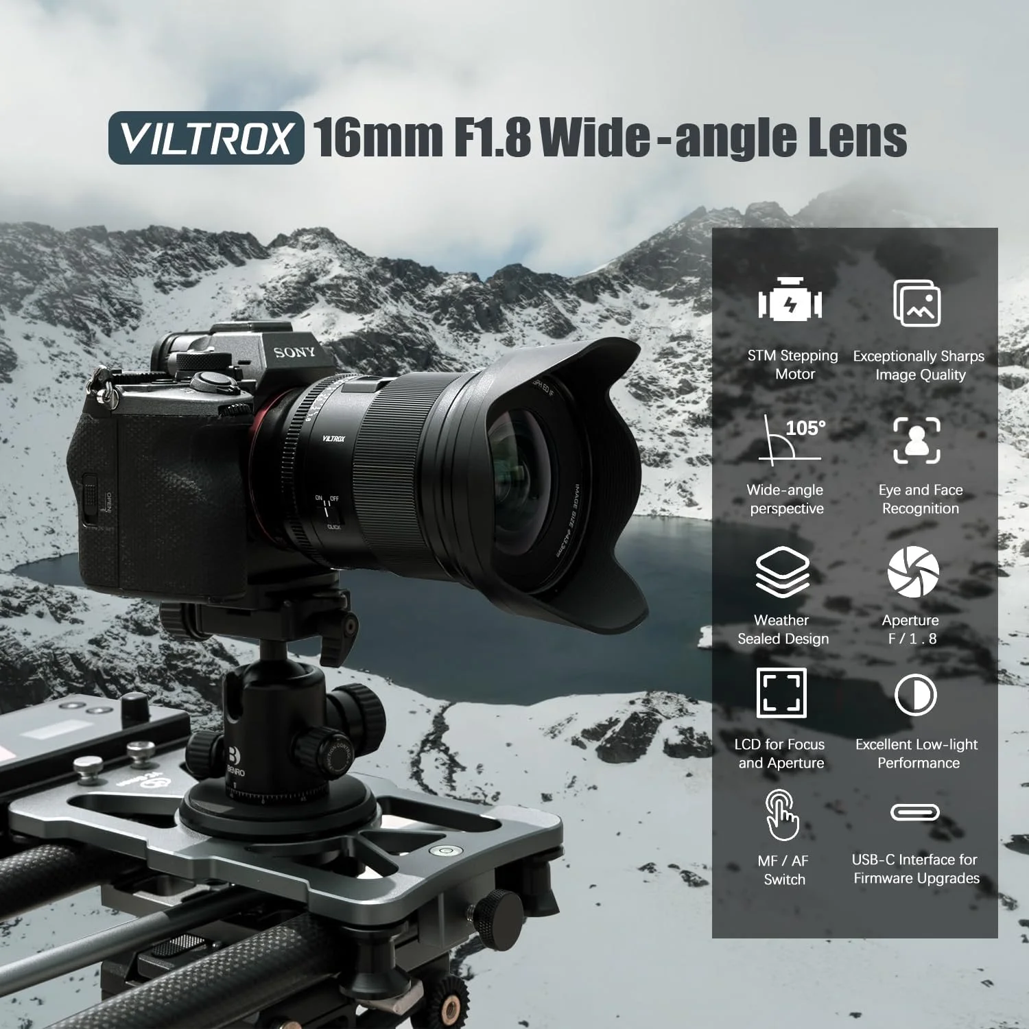 لنز دوربین 16mm f/1.8 فول فریم با فوکوس خودکار VILTROX با صفحه نمایش LCD داخلی، لنز زاویه باز با دیافراگم بزرگ برای دوربین های بدون آینه Sony E-Mount