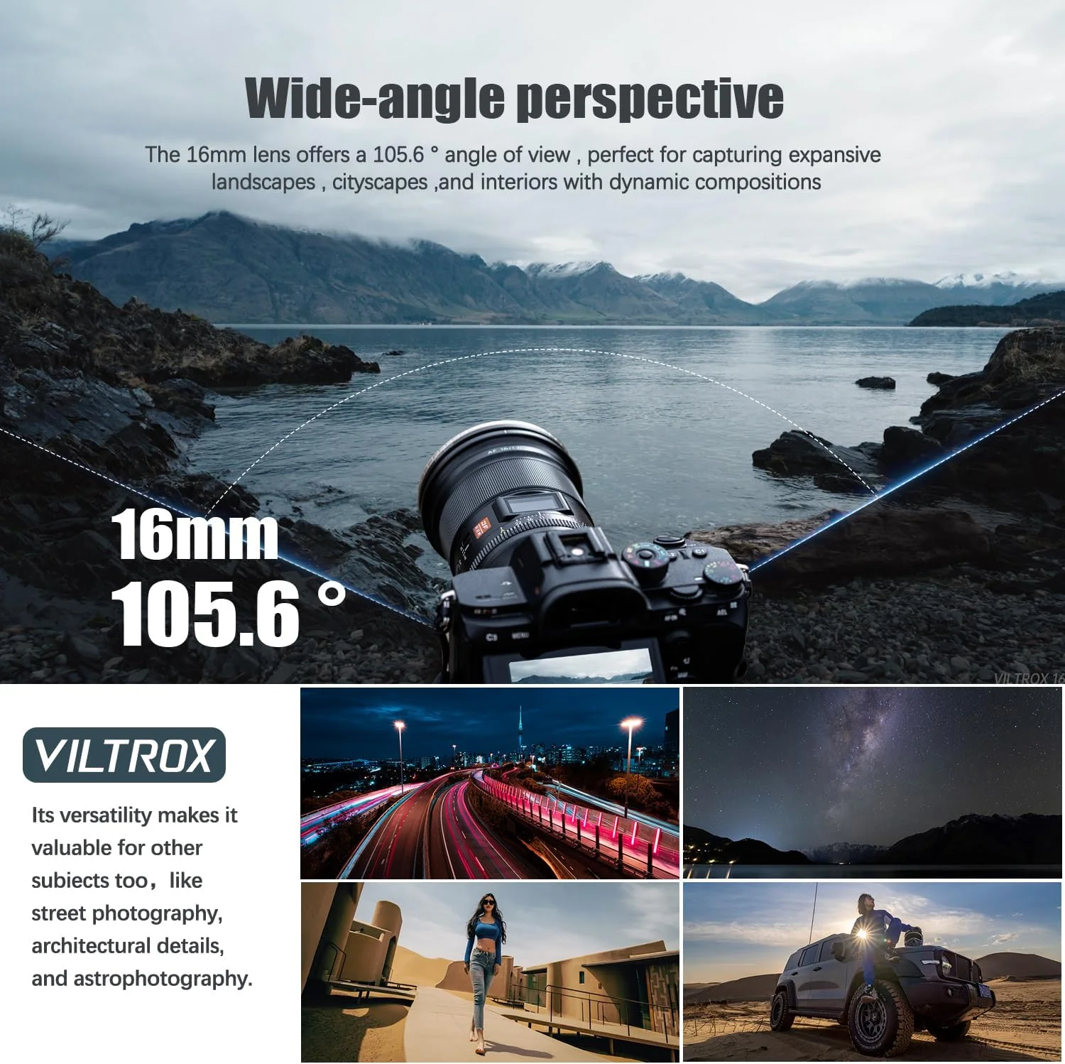 لنز دوربین 16mm f/1.8 فول فریم با فوکوس خودکار VILTROX با صفحه نمایش LCD داخلی، لنز زاویه باز با دیافراگم بزرگ برای دوربین های بدون آینه Sony E-Mount