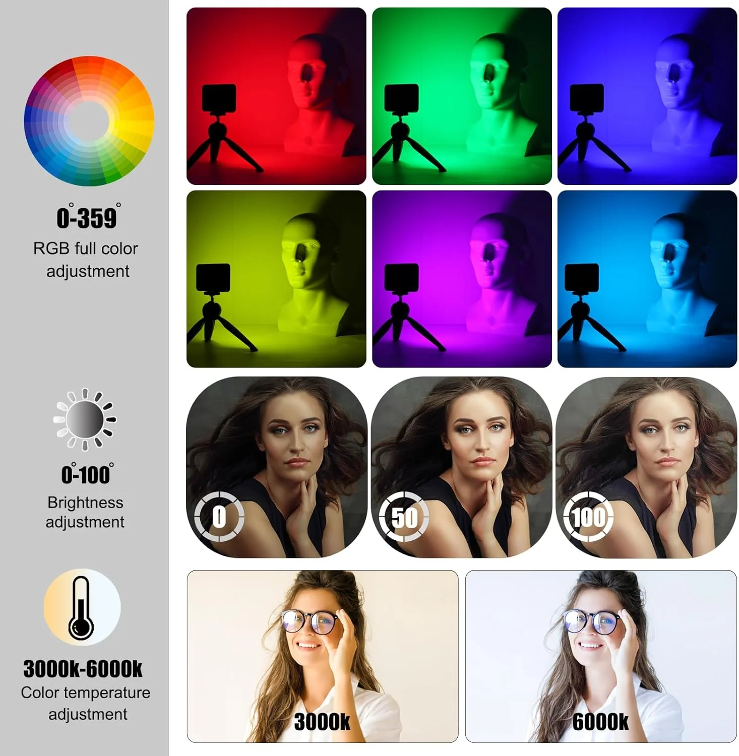 نور ویدئویی ال ای دی RGB مدل LUXCEO V10، توان 6 وات، CRI 95+، نور دوربین ال ای دی 3000 کلوین/6000 کلوین، پنل ال ای دی 3000 میلی آمپر ساعت، نور ویدئویی آلومینیومی برای ولاگ، کنفرانس ویدئویی، پخش زنده، مصاحبه، یوتیوب