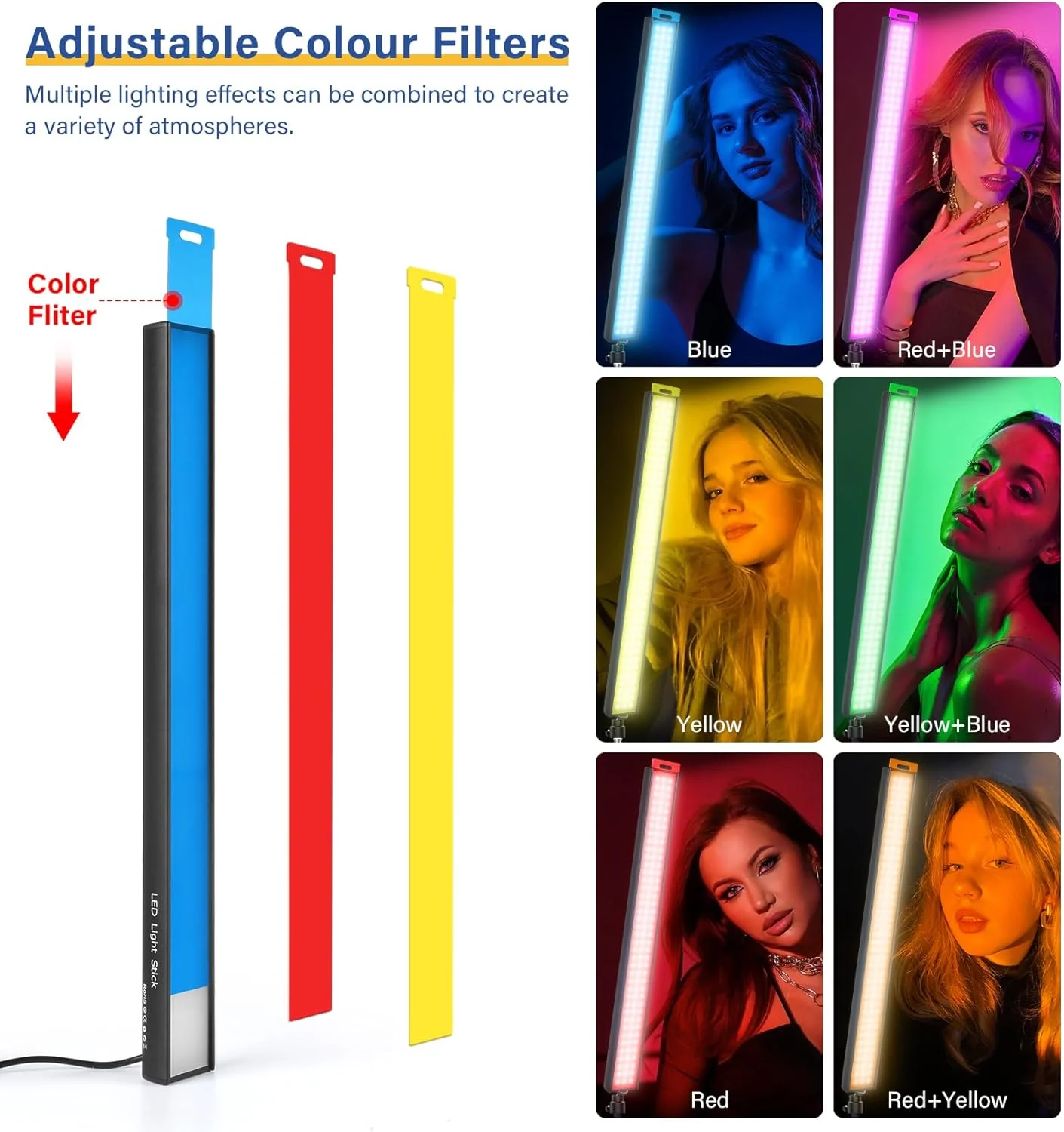 کیت دو عددی میله نور LED با پایه سه پایه 62.99 اینچی/فیلتر رنگی، نور استودیویی دو رنگ 2500K-8500K قابل تنظیم برای فیلمبرداری/پخش بازی/عکاسی/یوتیوب