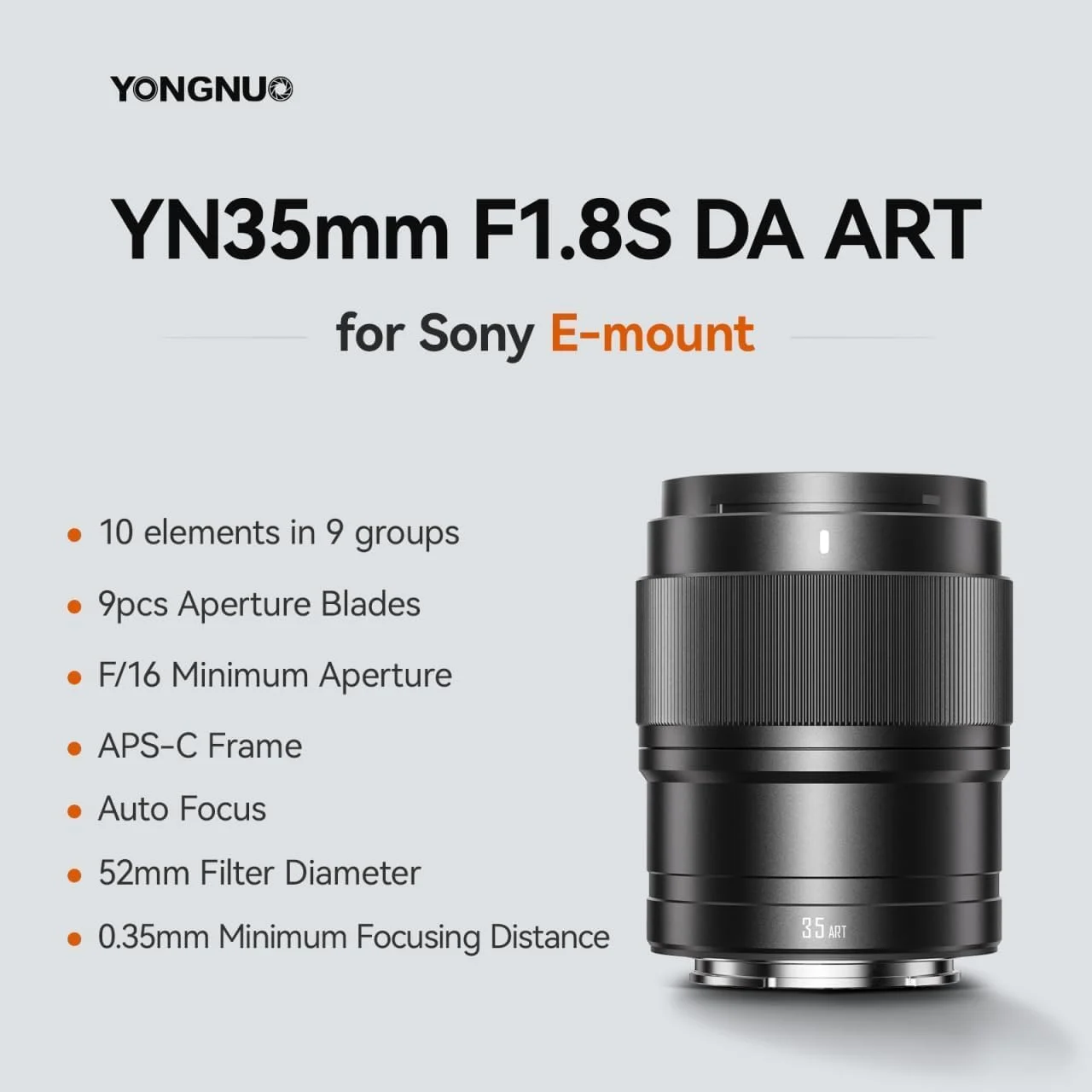لنز واید انگل ۳۵ میلیمتری YONGNUO YN35mm F1.8S APS-C با فوکوس خودکار برای مانت Sony E - دیافراگم باز، جمع و جور و سبک، سازگار با ZV-E10 II، A6400، A6000، ZV-E10 (مشکی) لنز واید انگل ۳۵ میلیمتری YONGNUO YN35mm F1.8S APS-C با فوکوس خودکار برای مانت Sony E - دیافراگم باز، جمع و جور و سبک، سازگار با ZV-E10 II، A6400، A6000، ZV-E10 (مشکی)