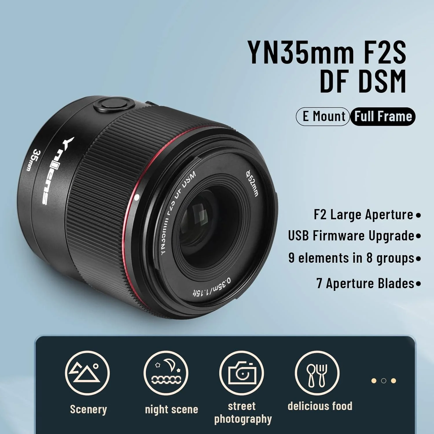 لنز پرایم واید انگل 35 میلی‌متری YONGNUO YN35mm F2S DF DSM با فوکوس خودکار برای سونی، دیافراگم بزرگ F2 فول فریم APS-C برای دوربین های سونی E Mount مشکی