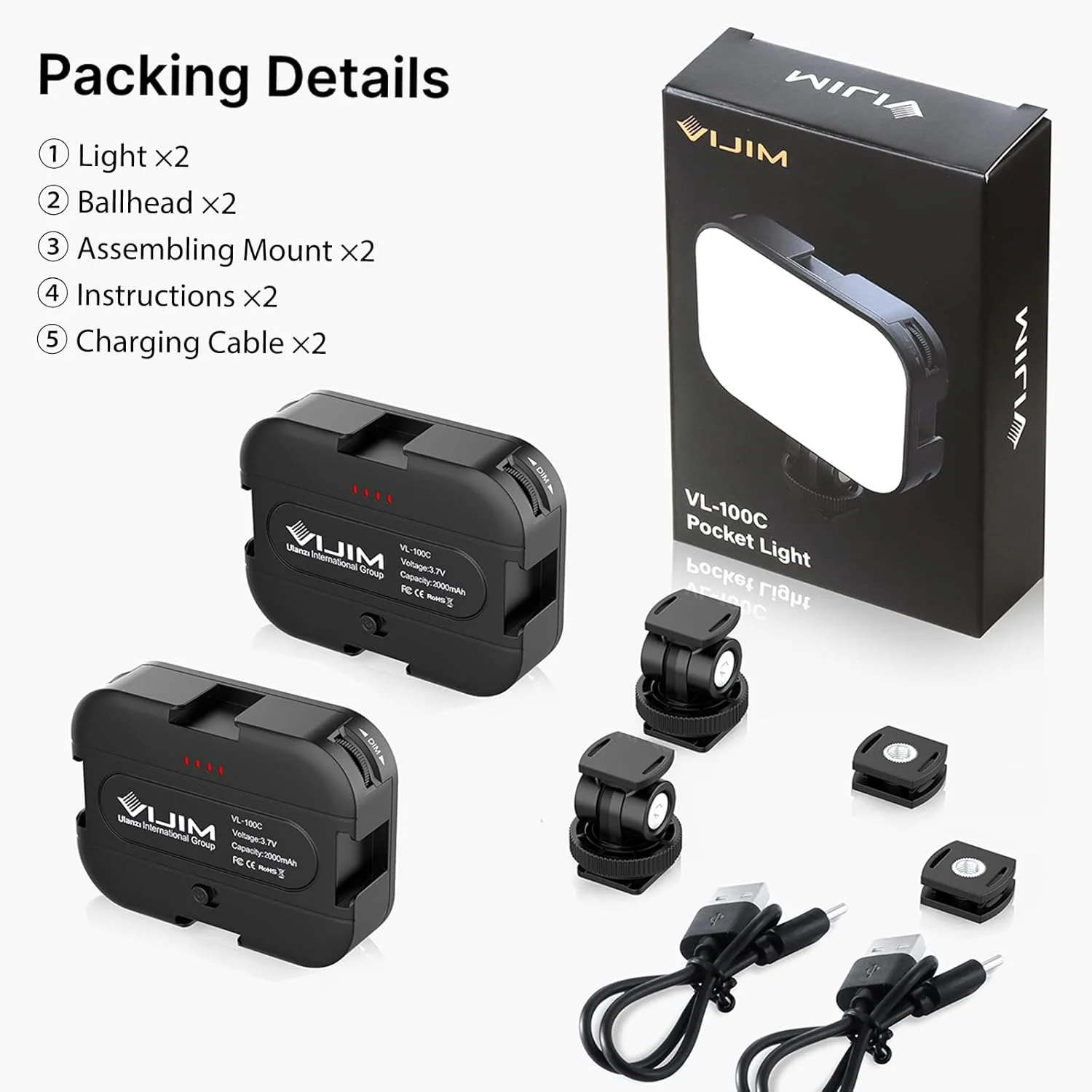 ویجیم 2 بسته نور ویدئویی LED دو رنگ VL100C روی دوربین، چراغ های LED کوچک قابل شارژ 2000mAh، CRI95+ با قابلیت تنظیم نور 2500-6500K، نورپردازی فوق العاده روشن عکس و فیلم، لامپ پرکننده LED