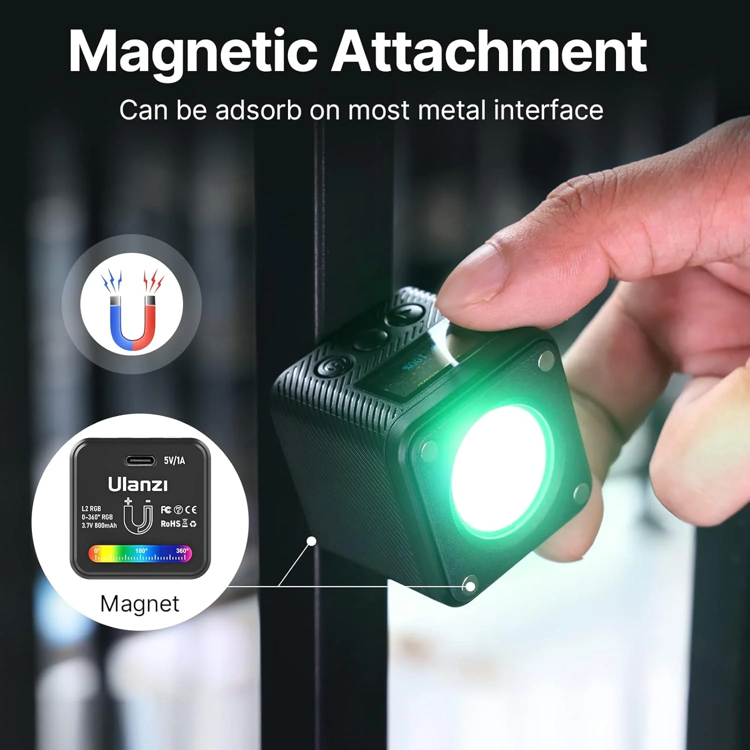 نور ویدئویی مینی مکعبی VIJIM ULANZI L2 RGB COB، نور LED دوربین عکاسی با نورپردازی ویدئویی قابل حمل 360 درجه تمام رنگی، طراحی مغناطیسی قابل شارژ 800 میلی آمپر ساعتی با 11 جلوه نور پویا