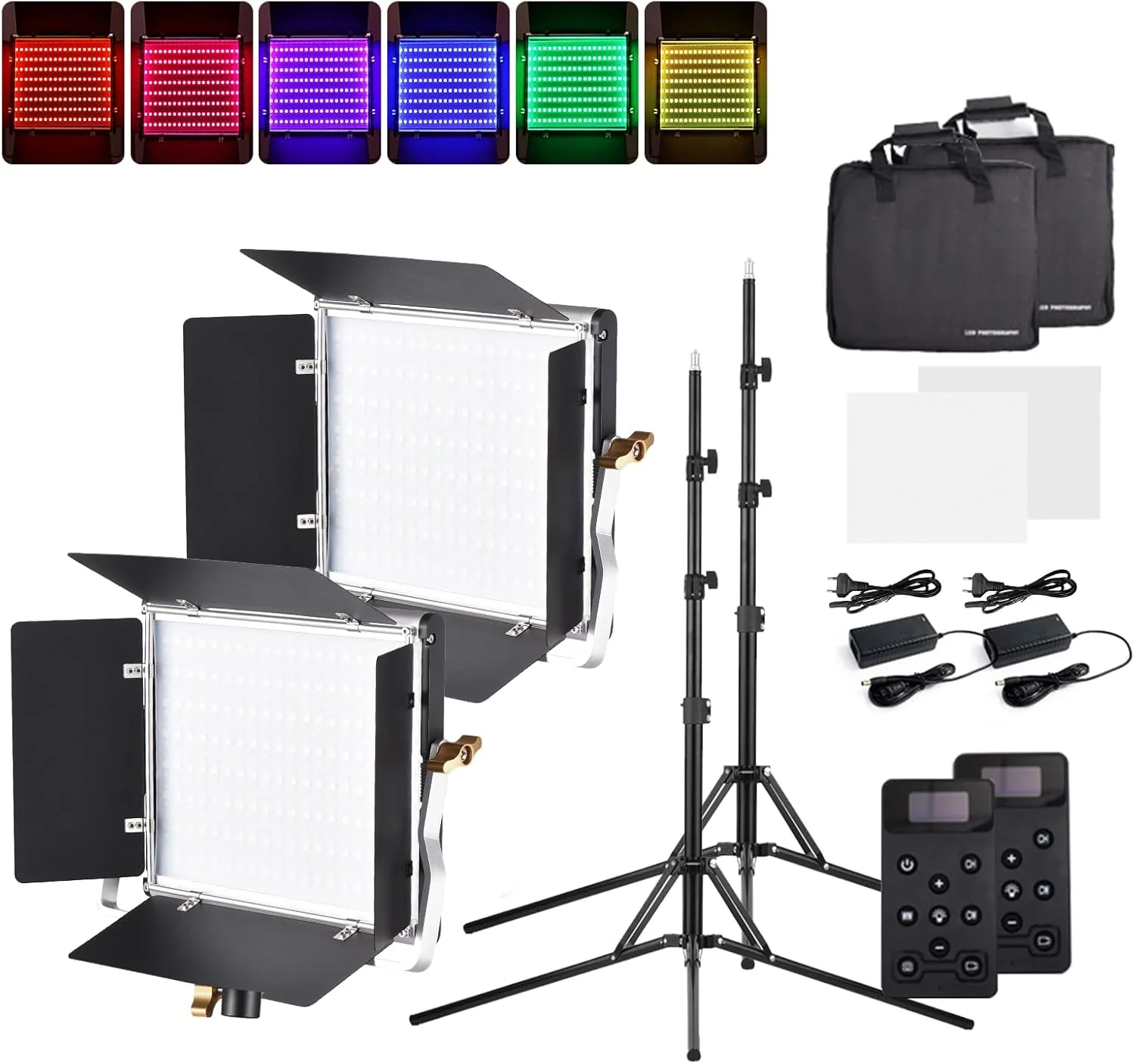 پنل نور LED دو رنگ W480RGB مناسب عکاسی، 40 وات، 480 عدد LED، 2500 تا 9000 کلوین، با قابلیت تنظیم نور، 20 جلوه نوری ویژه، تغذیه با باتری سری DC NP، دارای صفحه نمایش LCD، درب فلزی، ریموت کنترل (2 عدد)