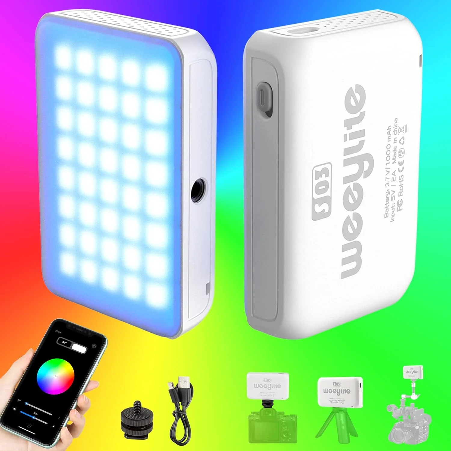 نور ویدئویی LED ویلایت S03 RGB، چراغ کوچک جیبی قابل کنترل با اپلیکیشن، نورپردازی قابل حمل دوربین برای عکاسی، CRI 95+ 2800-6800K نور پنلی قابل تنظیم برای عکس/پرتره
