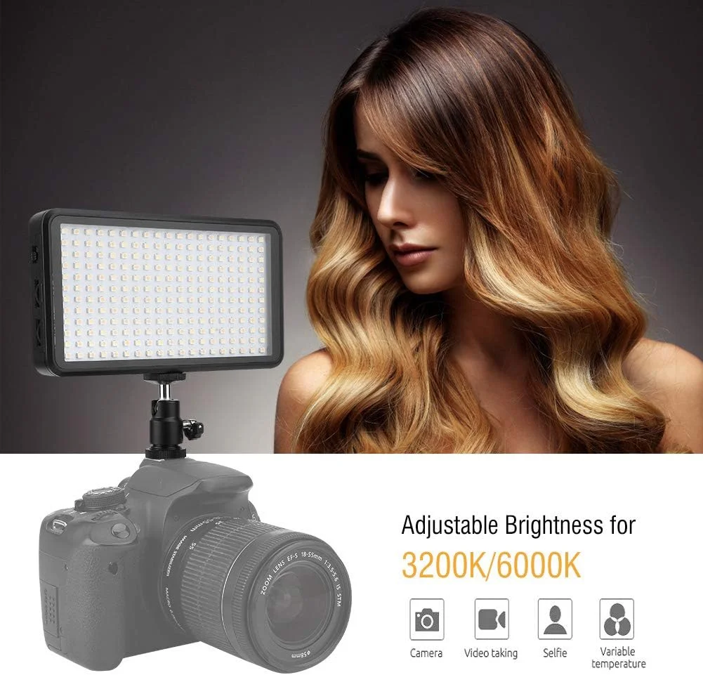 پنل نور LED ویدئویی، 228 عدد LED با طول عمر 50000 ساعت، 20 وات، 2000 لومن، 3200K / 6000K، پنل دوربین DSLR با آداپتور، لوازم جانبی دوربین