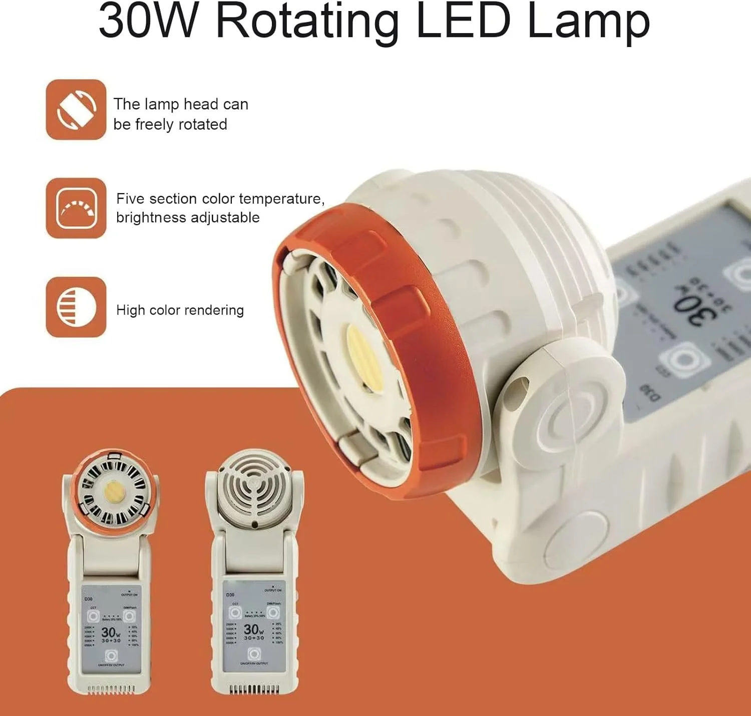 نور ویدئویی LED، نور استودیویی قابل حمل 30 واتی، 2500 تا 6500K قابل تنظیم، چرخش 180 درجه، 5 سطح روشنایی، گزینه های نصب متنوع، برای عکاسی، یوتیوب، ویدئو