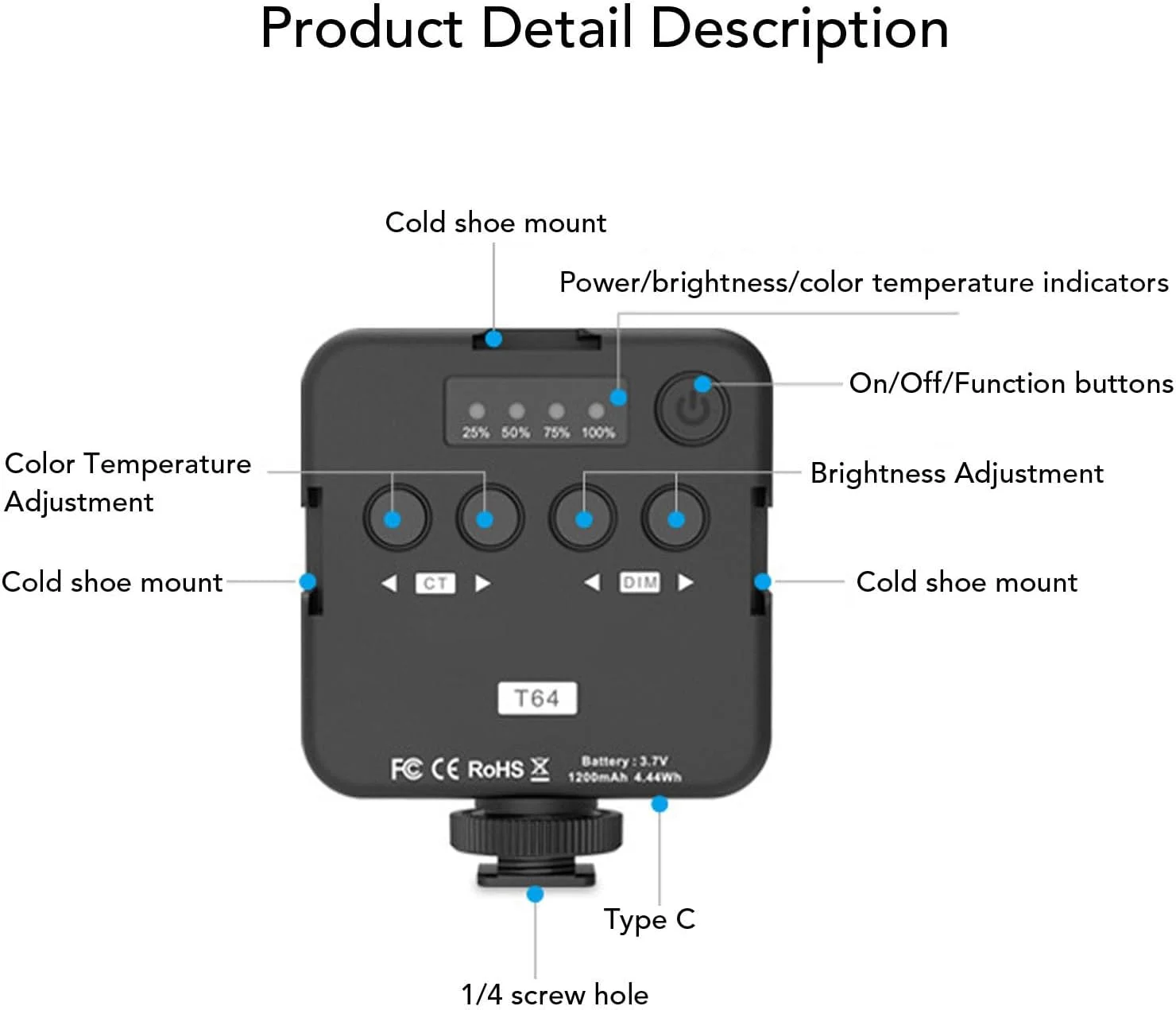 نور ویدئویی LED، CRI 95Ra، دو رنگ، 600LX، 1200mAh با سوراخ پیچ 1/4 اینچی برای عکاسی، ضبط ویدئو، پخش زنده