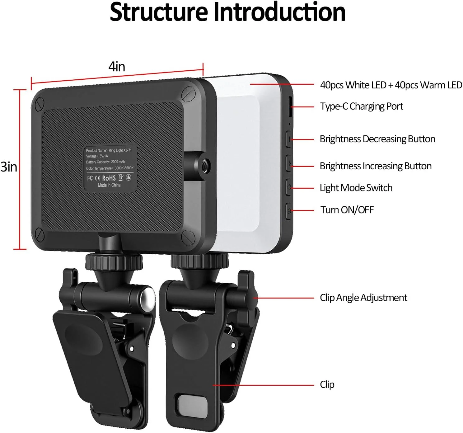 چراغ ویدئویی LED XINBAOHONG، چراغ سلفی کوچک، گیره شارژی برای تلفن، لپ تاپ، تبلت، کامپیوتر، چراغ پرکننده قابل تنظیم برای کنفرانس، تماس های زوم، عکاسی، آرایش، تصویر
