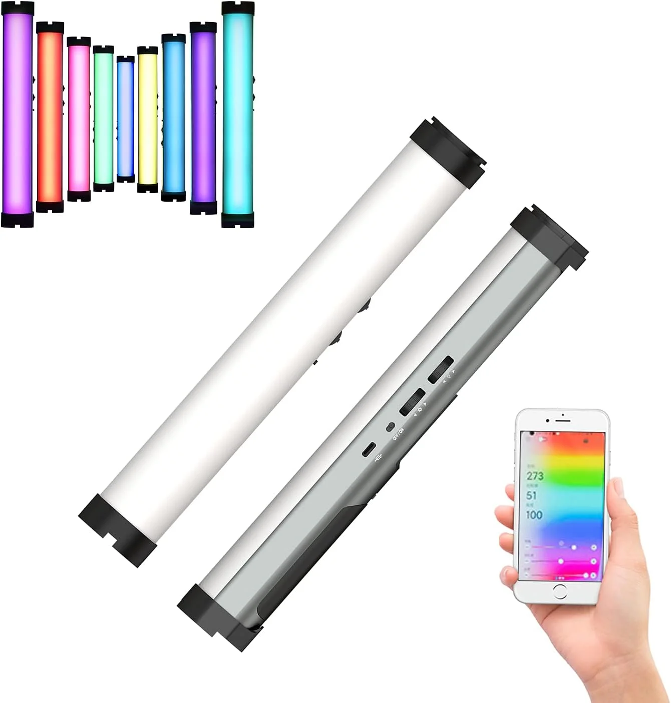 چراغ LED دستی با قابلیت کنترل از طریق اپلیکیشن، عصای نورپردازی RGB با CRI98+ و TLCI 98+، طیف کامل رنگی RGB 0-360، دمای رنگ قابل تنظیم 3200k-6200k (مشکی)