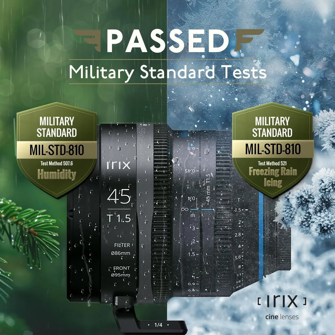 لنز سینمایی 45 میلی‌متری Irix Cine T1.5 برای دوربین‌های با مانت Canon RF | دارای گواهی نظامی برای مقاومت در برابر رطوبت و باران یخی/یخ‌زدگی | سازگار با فیلترهای مغناطیسی | مقیاس فاصله بر حسب متر