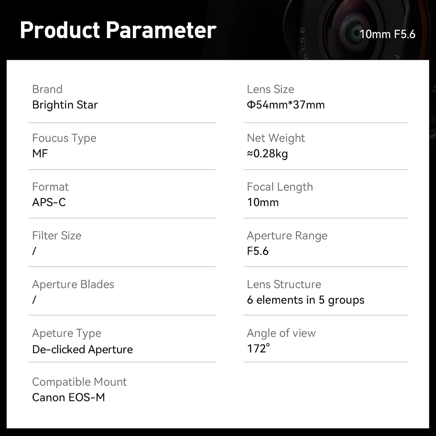 لنز دوربین 10mm F5.6 Fisheye Wide Angle APS-C با فوکوس دستی Brightin Star، مناسب برای مانت Canon EOS-M مدل های M, M2, M3, M5, M6, M10, M100, M50, M200 (نقره ای)