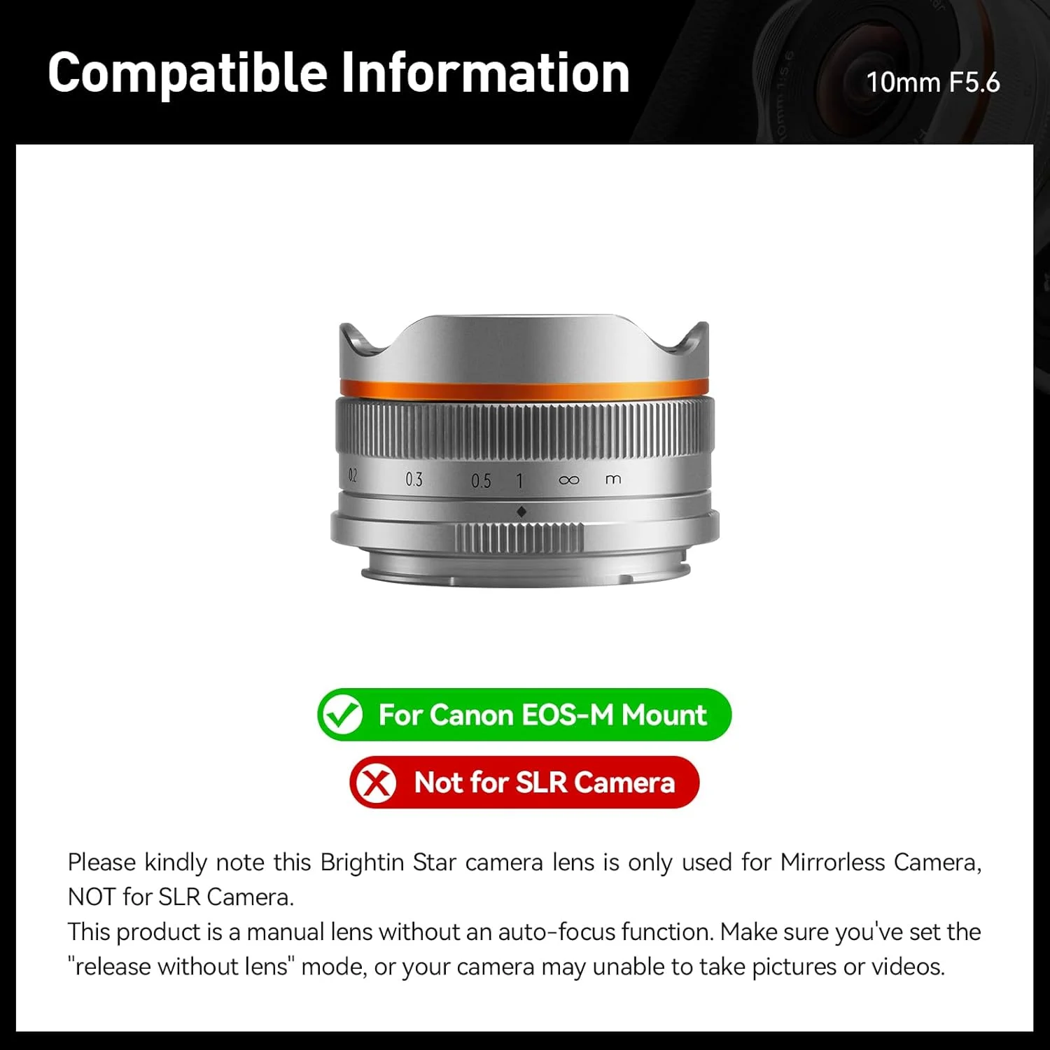 لنز دوربین 10mm F5.6 Fisheye Wide Angle APS-C با فوکوس دستی Brightin Star، مناسب برای مانت Canon EOS-M مدل های M, M2, M3, M5, M6, M10, M100, M50, M200 (نقره ای)