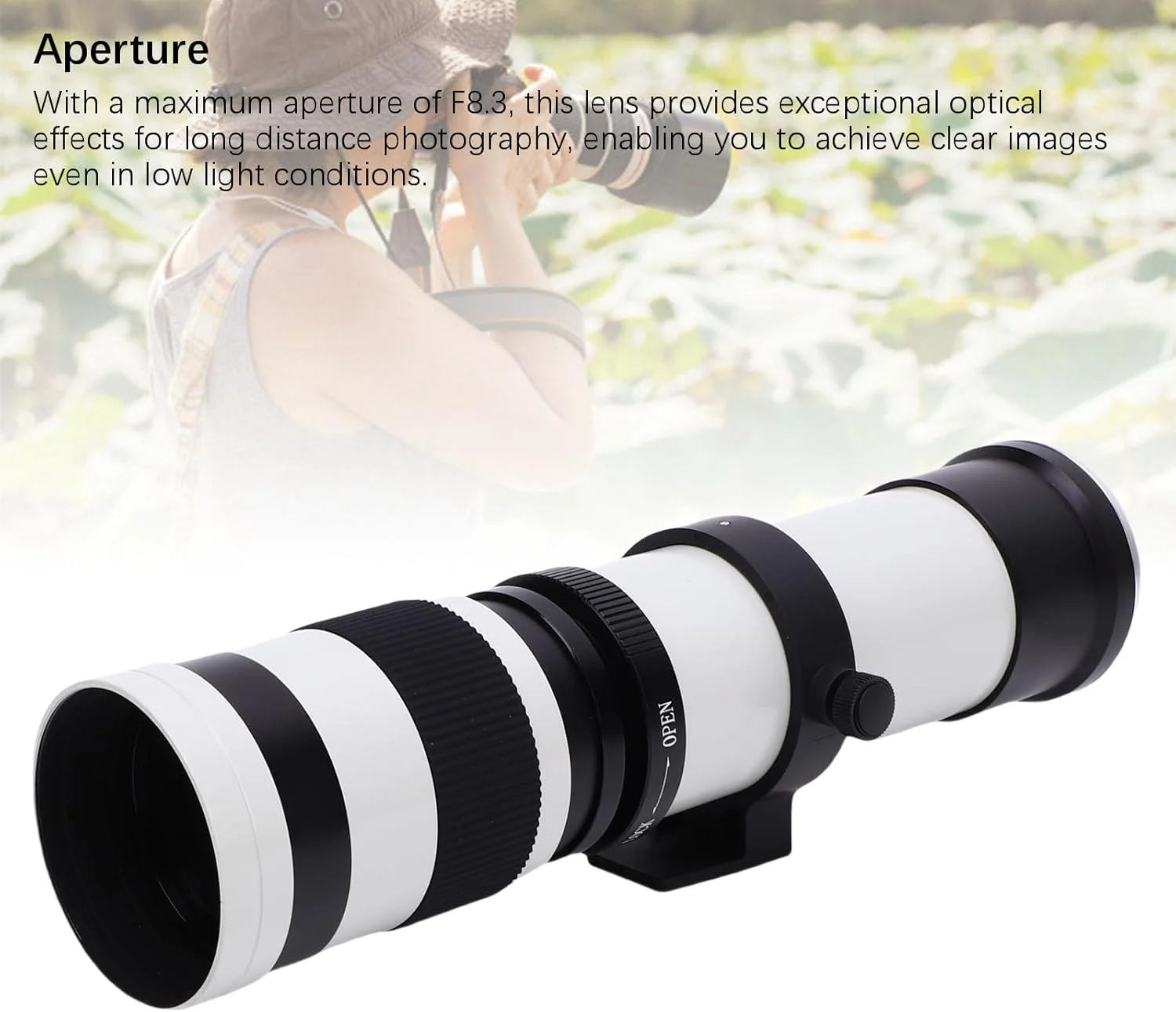 لنز تله فوتو 420-800 میلی‌متری F8.3-16 با مانت RF برای دوربین‌های بدون آینه، ساختار شیشه نوری تمام فلزی، پوشش چند لایه MC، رزوه فیلتر 62 میلی‌متری (سفید)