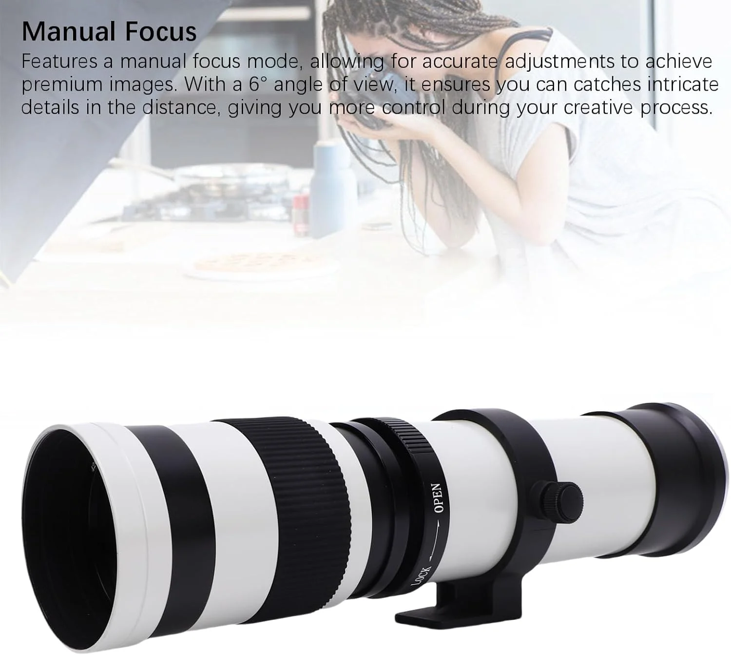 لنز تله فوتو 420-800 میلی‌متری F8.3-16 با مانت RF برای دوربین‌های بدون آینه، ساختار شیشه نوری تمام فلزی، پوشش چند لایه MC، رزوه فیلتر 62 میلی‌متری (سفید)