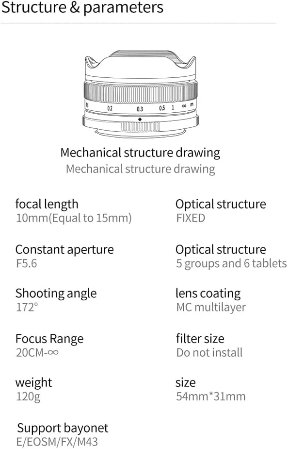 AECAM - CAMAECAM - لنز دوربین 10mm F5.6 با زاویه دید باز و فوکوس دستی برای لنزهای فوجی فیلم FX، کانن EOS M، سونی E، مانت M43 (نقره ای فوجی XF)