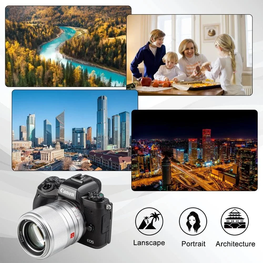 لنز 56mm F1.4 دهانه باز با فوکوس خودکار مناسب پرتره برای دوربین‌های بدون آینه سری EOS M کانن (نقره‌ای EF-M کانن)