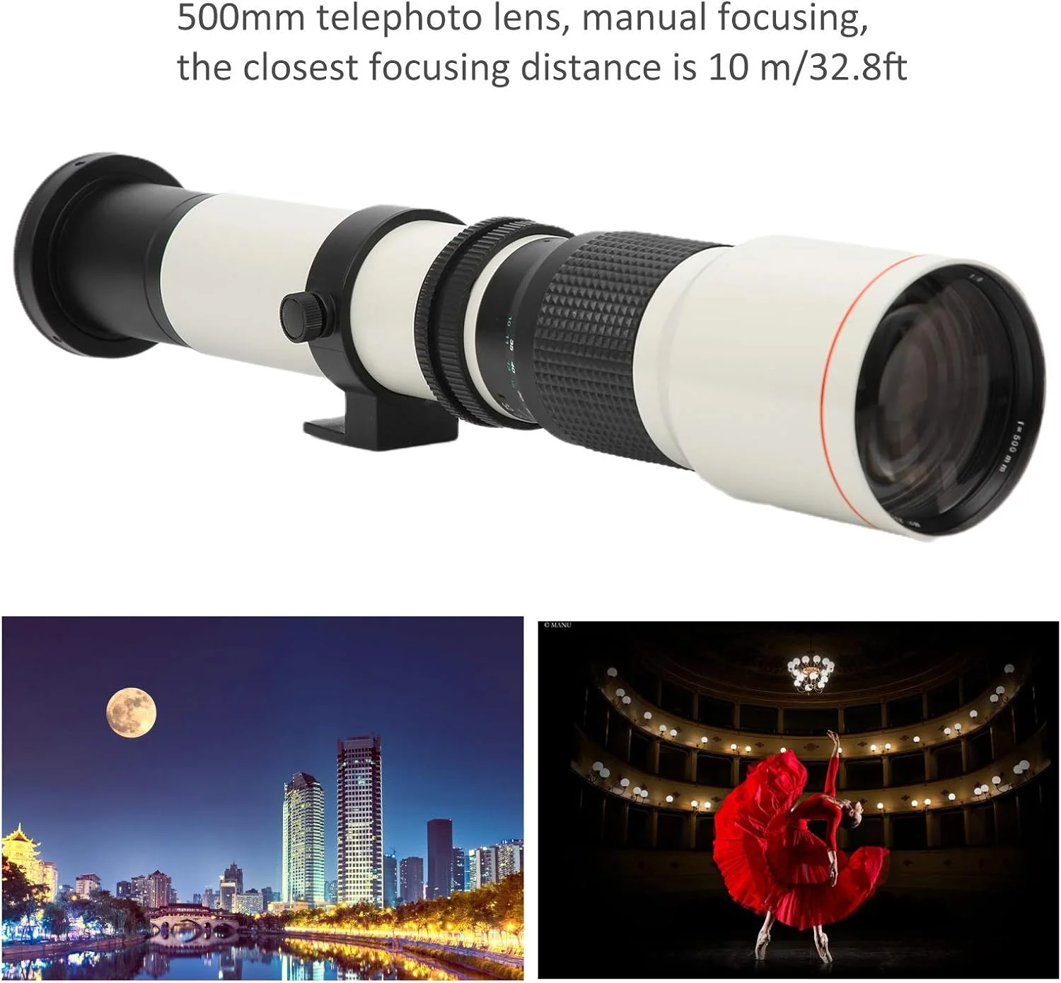 لنز تله فوتو 500 میلیمتری، لنز زوم MF با فوکوس دستی دیافراگم F8-F32 برای دوربینهای SLR با مانت EFS به همراه لنز بزرگنمایی 2X (درب لنز نصب شده)، 2 عدد کیف نگهداری (سفید) لنز تله فوتو 500 میلیمتری، لنز زوم MF با فوکوس دستی دیافراگم F8-F32 برای دوربینهای SLR با مانت EFS به همراه لنز بزرگنمایی 2X (درب لنز نصب شده)، 2 عدد کیف نگهداری (سفید)