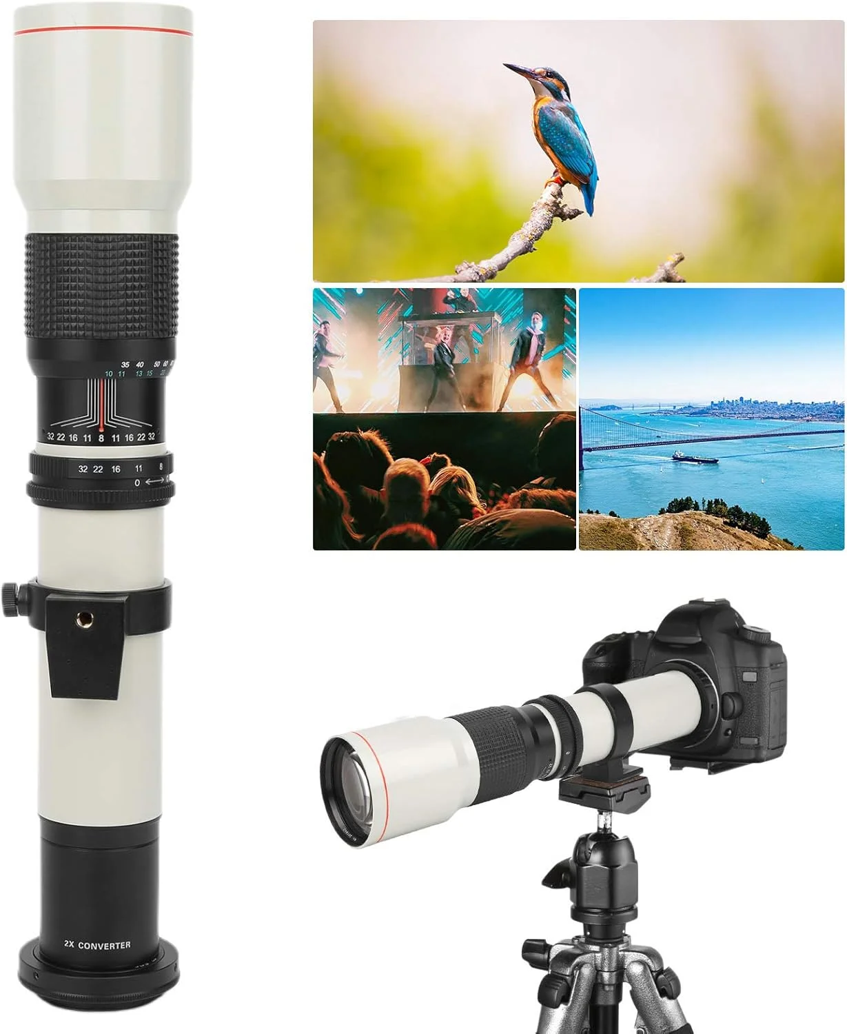 لنز تله فوتو 500 میلیمتری، لنز زوم MF با فوکوس دستی دیافراگم F8-F32 برای دوربینهای SLR با مانت EFS به همراه لنز بزرگنمایی 2X (درب لنز نصب شده)، 2 عدد کیف نگهداری (سفید) لنز تله فوتو 500 میلیمتری، لنز زوم MF با فوکوس دستی دیافراگم F8-F32 برای دوربینهای SLR با مانت EFS به همراه لنز بزرگنمایی 2X (درب لنز نصب شده)، 2 عدد کیف نگهداری (سفید)