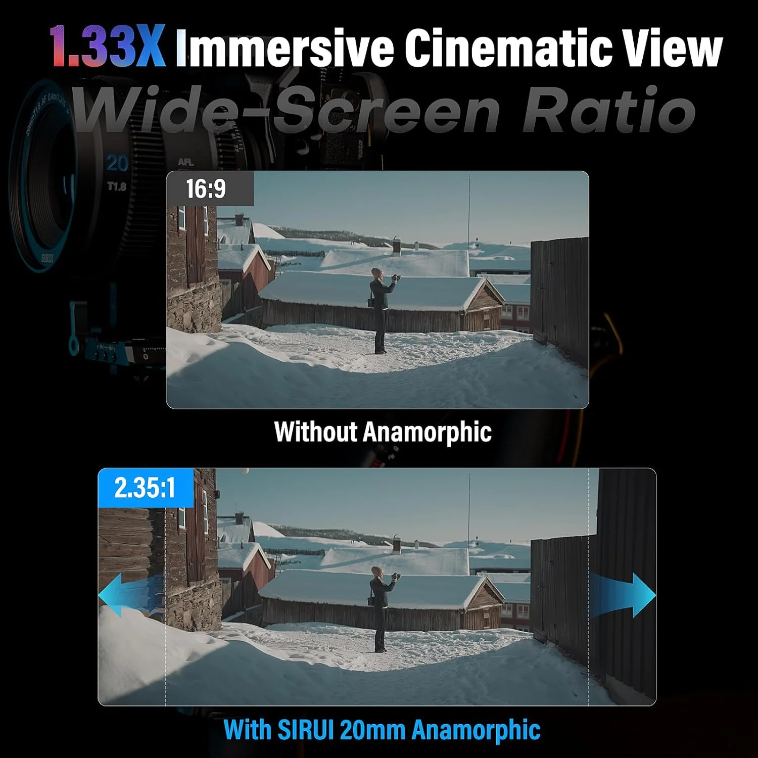 لنز آنامورفیک SIRUI 20mm T1.8 1.33X، لنز فوکوس خودکار S35 برای دوربین های E Mount، A6500، A6700، FX3/30، سری ZV-E، سری A7، A9/9II (Blue Flare)