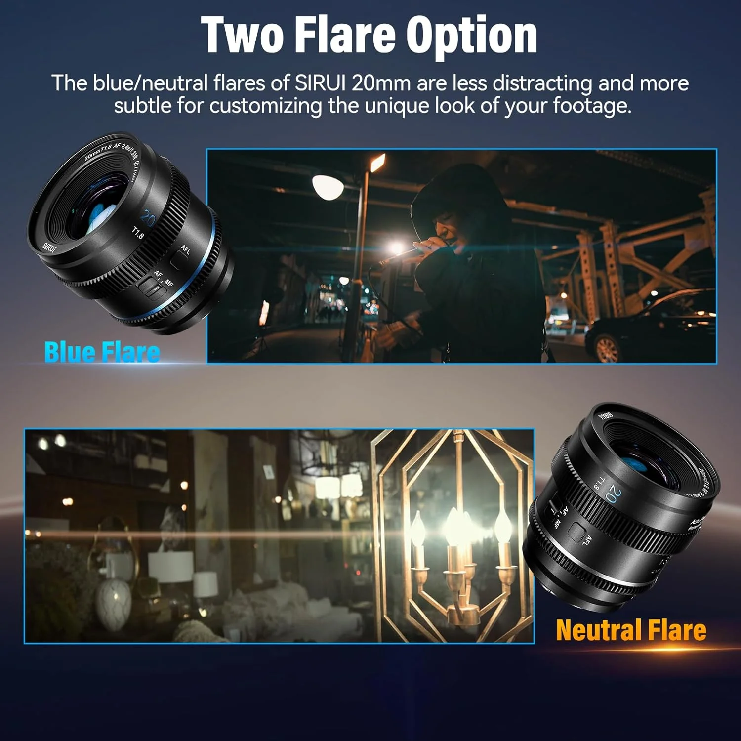 لنز آنامورفیک SIRUI 20mm T1.8 1.33X، لنز فوکوس خودکار S35 برای دوربین های E Mount، A6500، A6700، FX3/30، سری ZV-E، سری A7، A9/9II (Blue Flare)