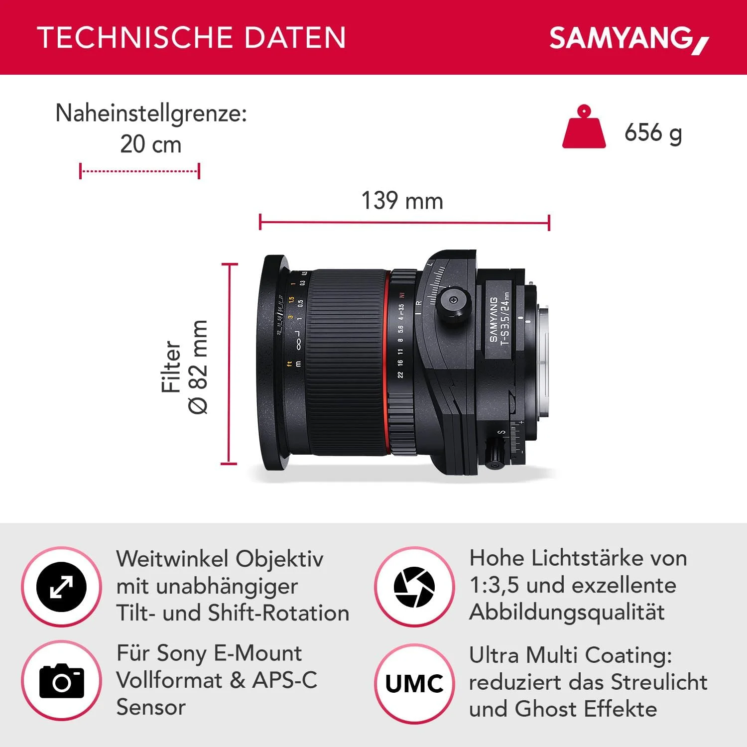 لنز 24 میلی‌متری Samyang با دیافراگم F3.5 و فوکوس دستی Tilt-Shift برای Sony-E