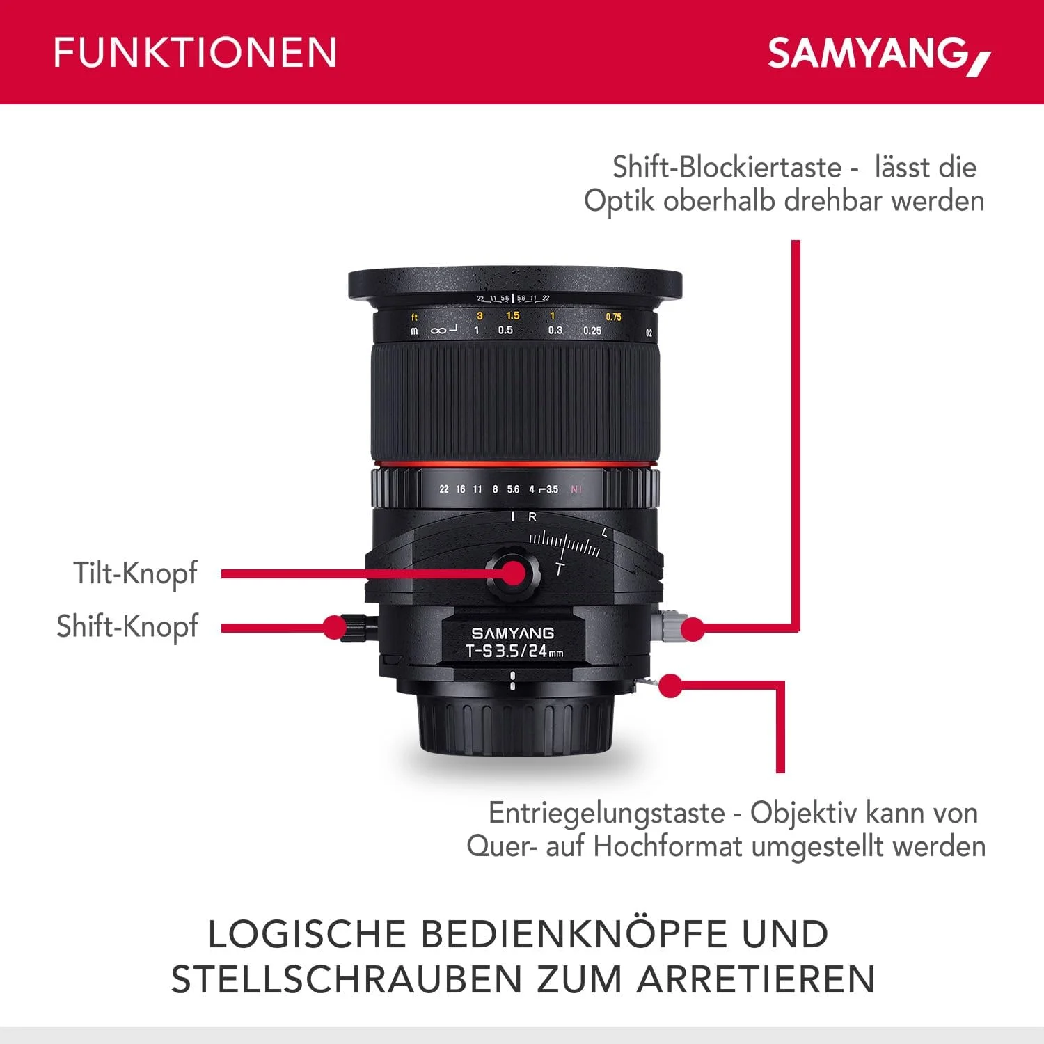لنز 24 میلی‌متری Samyang با دیافراگم F3.5 و فوکوس دستی Tilt-Shift برای Sony-E