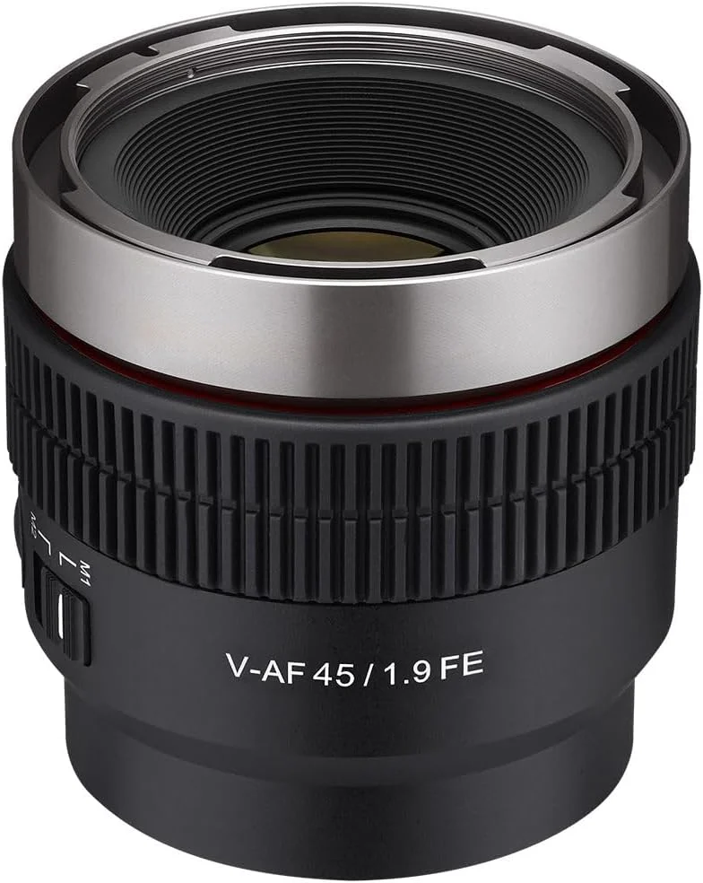 لنز ویدیویی Samyang V-AF 45 mm T1.9 FE برای Sony E، لنز فوکوس خودکار، لنز سینمایی با پشتیبانی از 8K، سازگار با آنامورفیک، دکمه و سوییچ قابل تنظیم