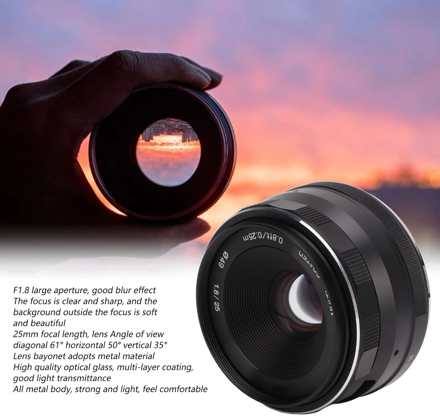 لنز 25mm F1.8 APS-C با دهانه X و پوشش چند لایه، فوکوس دستی برای فوجی X-Pro2 X-E3 X-T1 X-T2 X-T3 X-T4 X-T10 X-T20، لنز شیشه ای اپتیکال کوچک 25mm F1.8 برای پرتره، منظره، گردشگری، گل ها