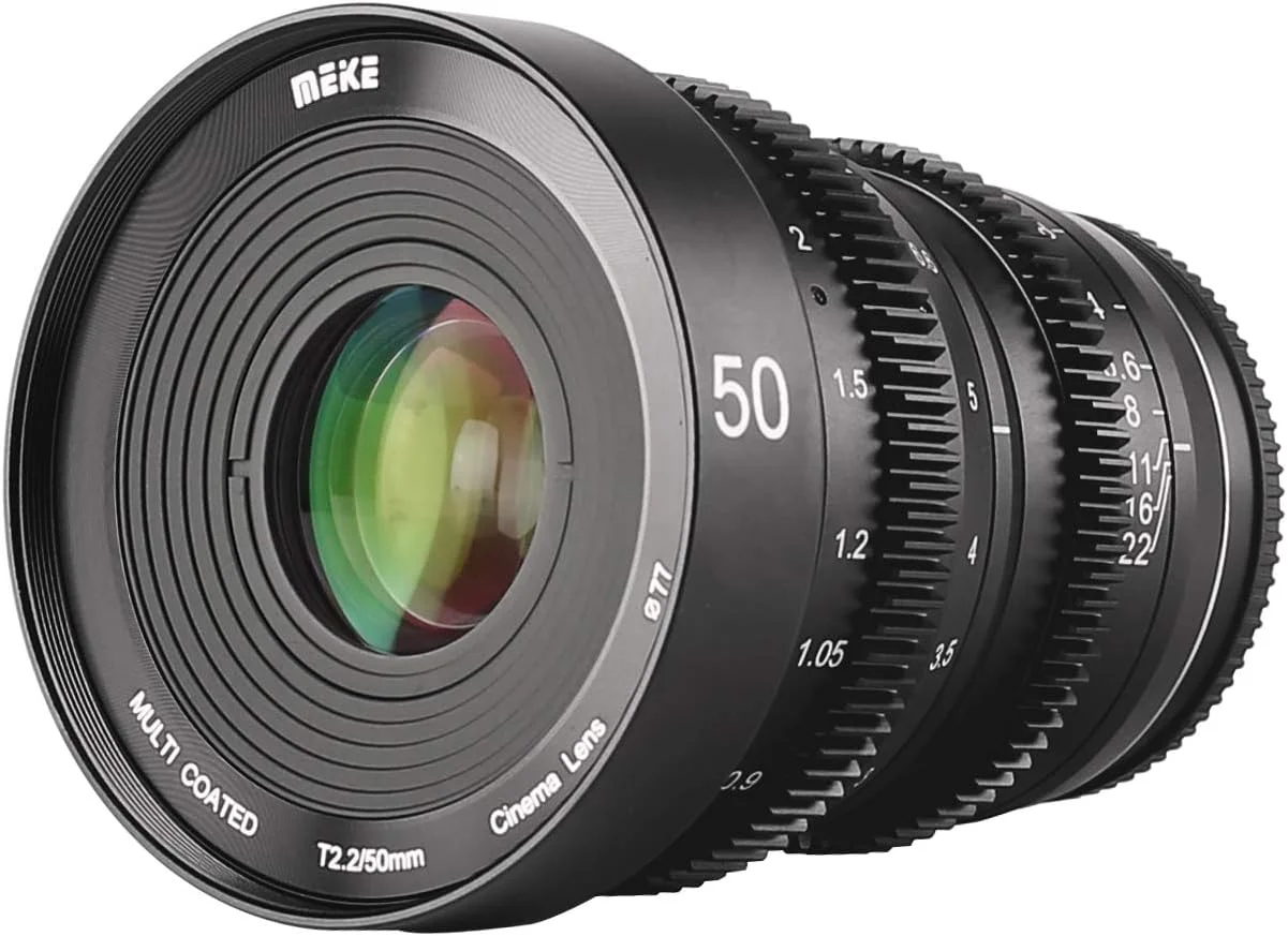لنز سینمایی 50mm T2.2 MEKE با دیافراگم باز و فوکوس دستی 4K برای مانت میکرو چهار سوم سازگار با دوربین های Olympus Panasonic Lumix و BMPCC 4K Zcam E2